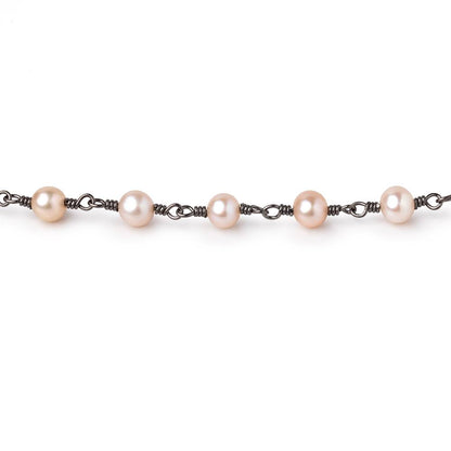 5x4.5mm Peachy Pink Off Round Pearls on Black Gold over .925 Silver Chain