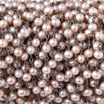 5x4.5mm Peachy Pink Off Round Pearls on Black Gold over .925 Silver Chain
