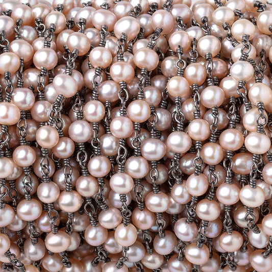 5x4.5mm Peachy Pink Off Round Pearls on Black Gold over .925 Silver Chain