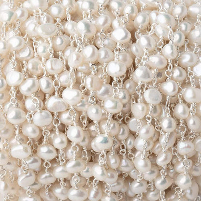 5x4mm Off White Baroque Pearl .925 Silver Chain  33 pieces