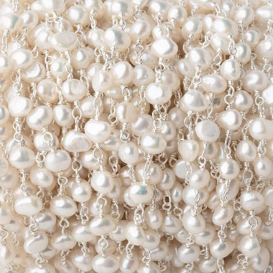 5x4mm Off White Baroque Pearl .925 Silver Chain  33 pieces