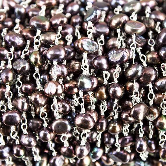 5x4mm Peacock Baroque Freshwater Pearl on Silver plated Chain by the foot