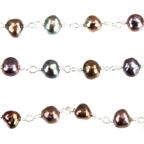5x4mm Peacock Baroque Freshwater Pearl on Silver plated Chain by the foot