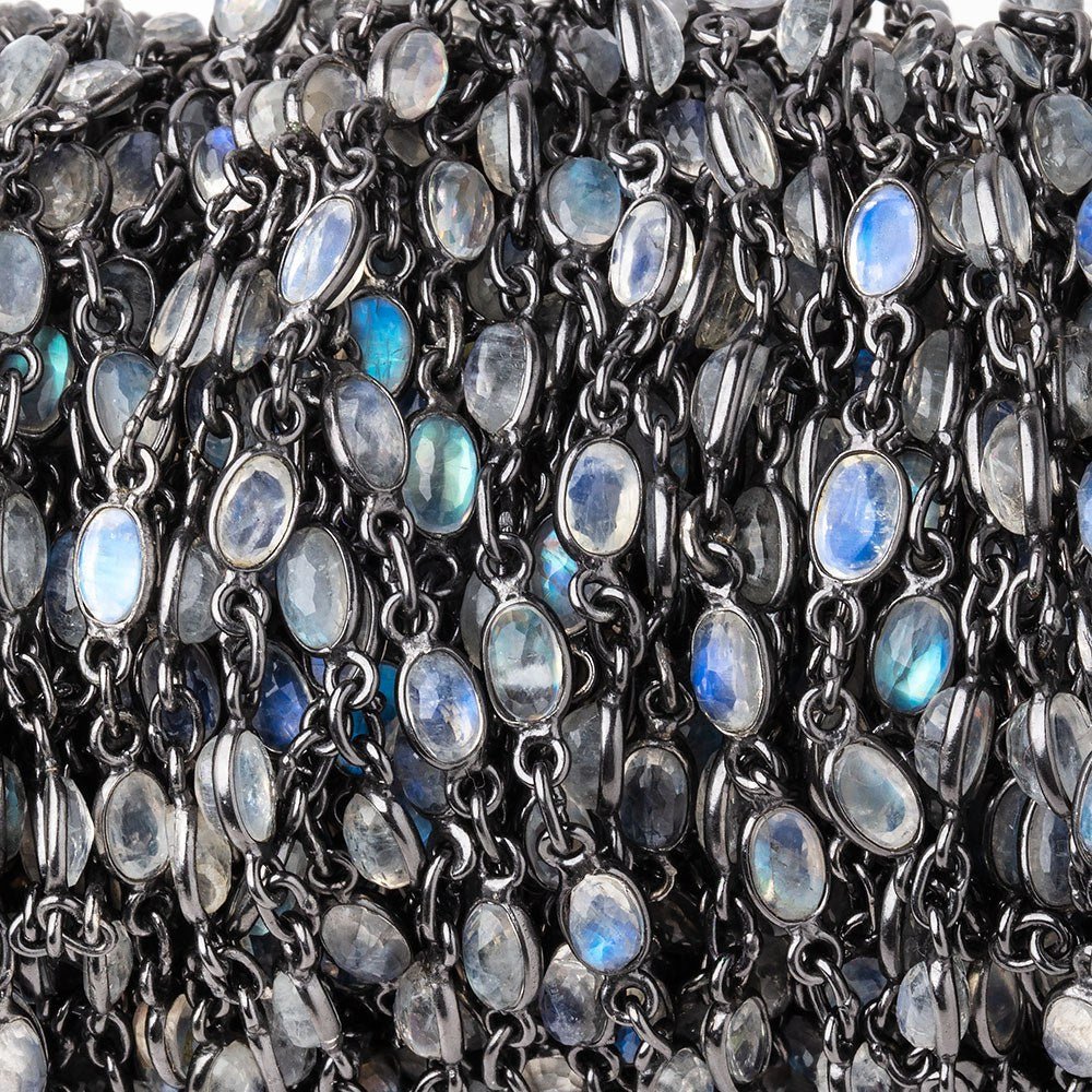 5x4mm Rainbow Moonstone Faceted Oval Cabochon Black Gold .925 Bezeled Chain