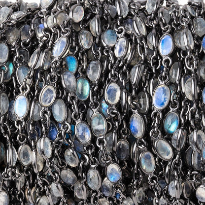 5x4mm Rainbow Moonstone Faceted Oval Cabochon Black Gold .925 Bezeled Chain