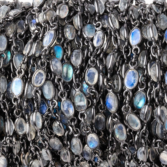 5x4mm Rainbow Moonstone Faceted Oval Cabochon Black Gold .925 Bezeled Chain