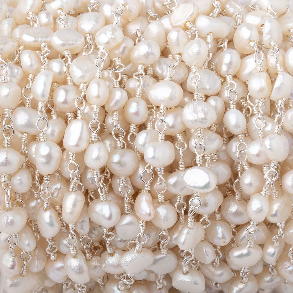 5x5-5x6mm White Baroque Pearls on Silver Plated Chain