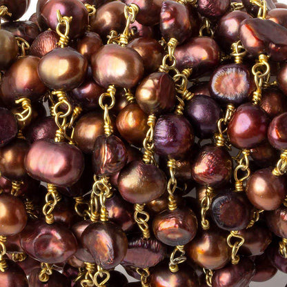 5x5-7x5mm Purplish Brown Side Drill Baroque Pearl Gold plated Chain by the foot 28 pcs