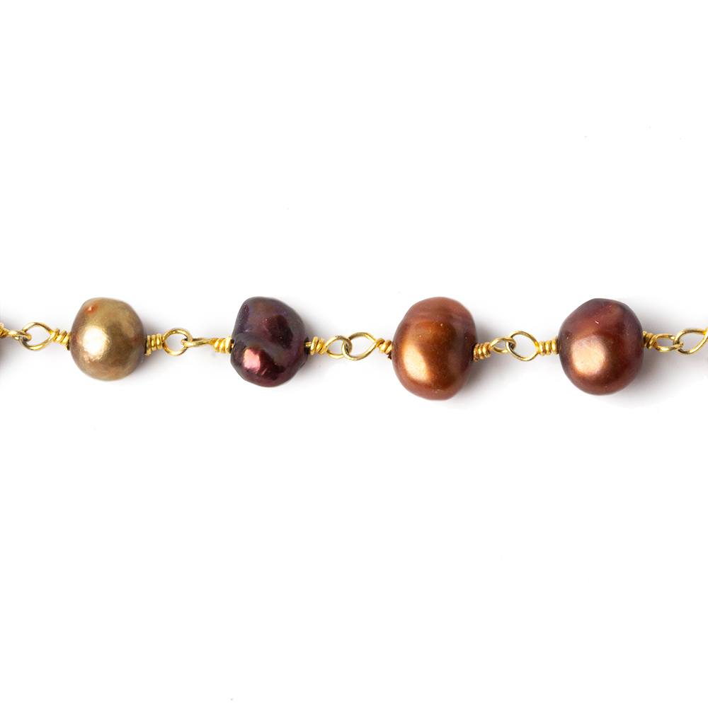 5x5-7x5mm Purplish Brown Side Drill Baroque Pearl Gold plated Chain by the foot 28 pcs