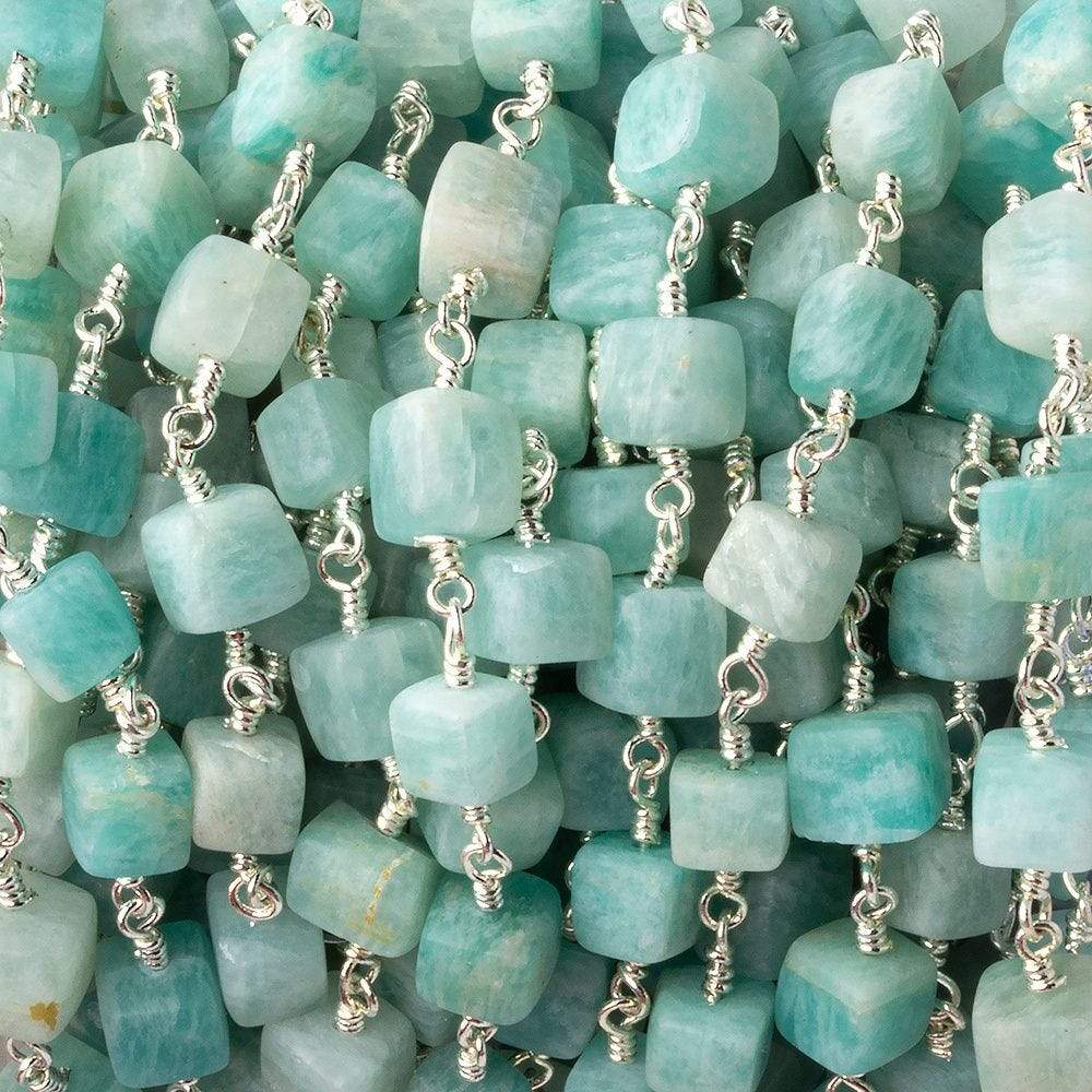 5x5-8x8mm Matte Amazonite plain cube Silver plated Chain by the foot 24 pcs