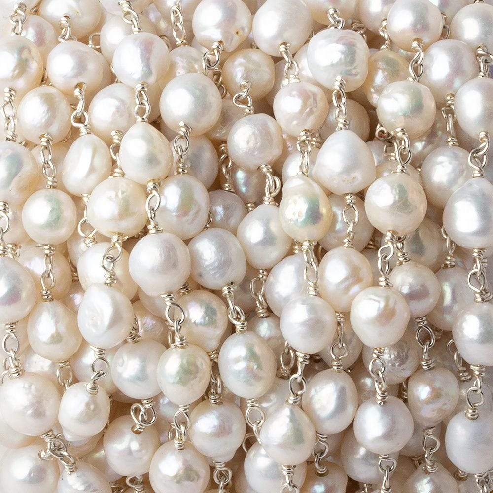 5x7-6x7mm White Petite Ultra Baroque Pearl .925 Silver Chain by the foot 24 pcs