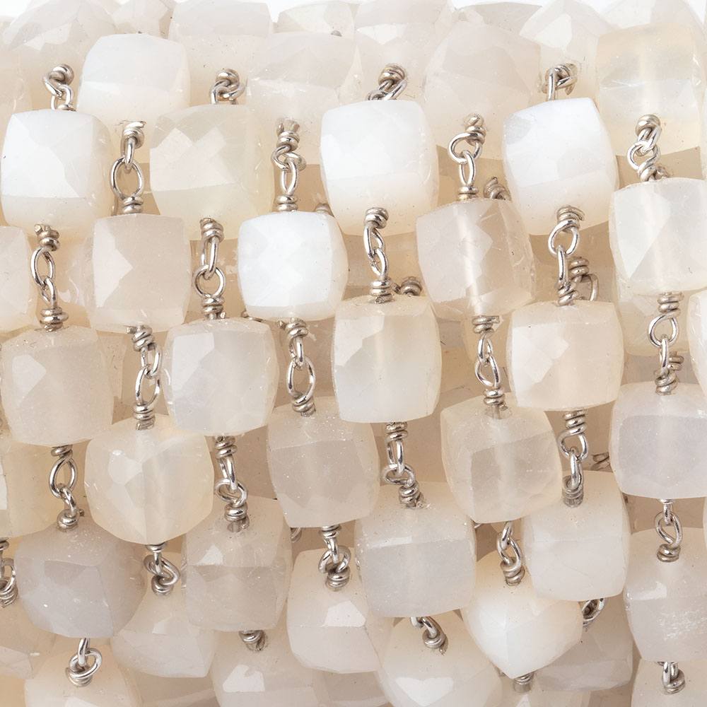 6-6.5mm Cream Moonstone Faceted Cubes on .925 Sterling Silver Chain