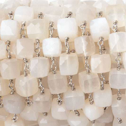 6-6.5mm Cream Moonstone Faceted Cubes on .925 Sterling Silver Chain