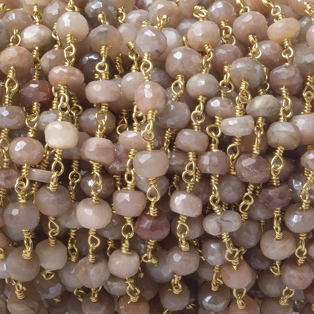 6-6.5mm Mystic Angel Skin Peach Moonstone faceted rondelle Gold Chain by the foot 25 pcs