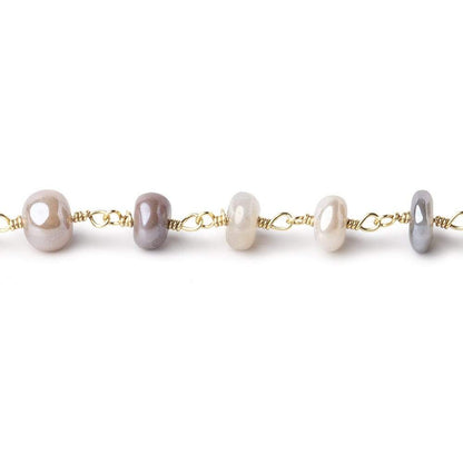 6-6.5mm Mystic Multi Moonstone Plain Rondelles on Gold Plated Chain by the Foot