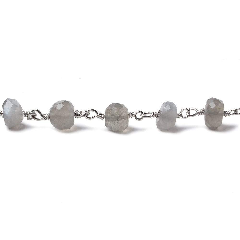 6-6.5mm Platinum Grey Moonstone rondelle Silver Chain by the foot 30 pieces