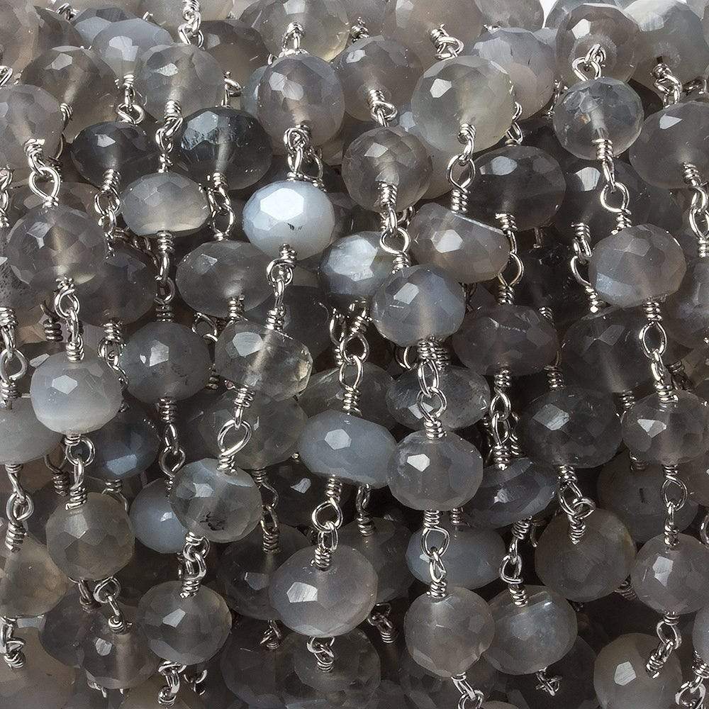 6-6.5mm Platinum Grey Moonstone rondelle Silver Chain by the foot 30 pieces
