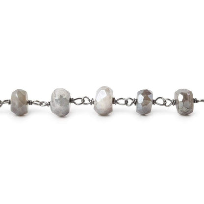 6-6.5mm Silver Mystic Grey Moonstone faceted rondelle Black Gold .925 Silver Chain by the foot 35 beads