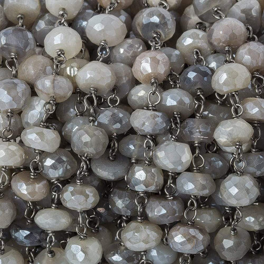 6-6.5mm Silver Mystic Grey Moonstone faceted rondelle Black Gold .925 Silver Chain by the foot 35 beads