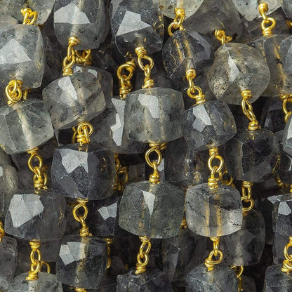 6-7.5mm Black Tourmalinated Quartz faceted cube Vermeil Chain by the foot