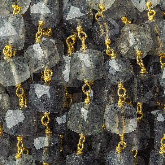 6-7.5mm Black Tourmalinated Quartz faceted cube Vermeil Chain by the foot