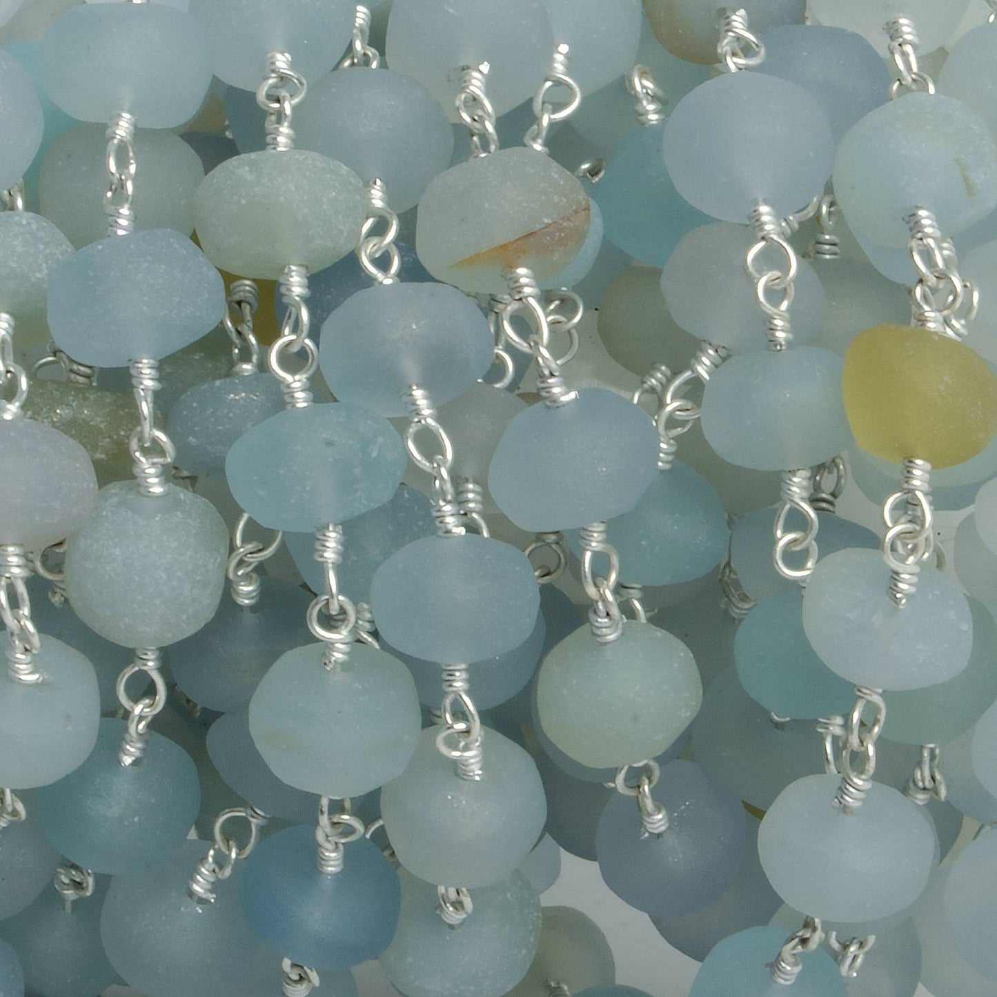 6-7mm Matte Beryl & Aqua rondelle Silver Chain by the foot 30 pieces