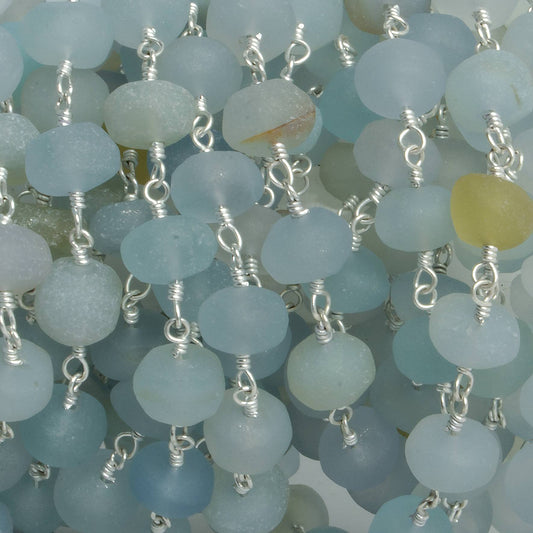 6-7mm Matte Beryl & Aqua rondelle Silver Chain by the foot 30 pieces