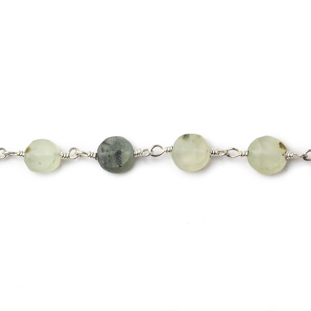6-7mm Matte Dendritic Prehnite plain coin Silver plated Chain by the foot