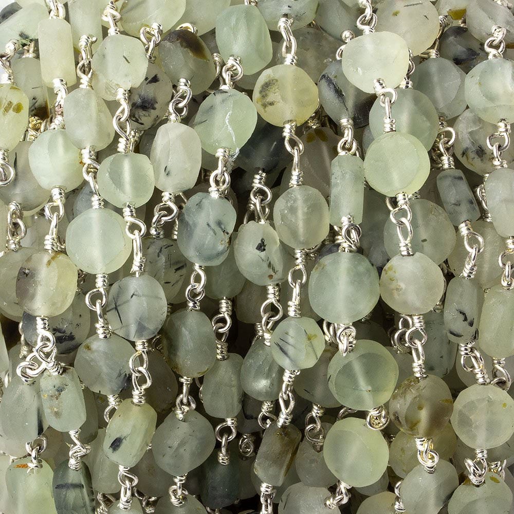 6-7mm Matte Dendritic Prehnite plain coin Silver plated Chain by the foot