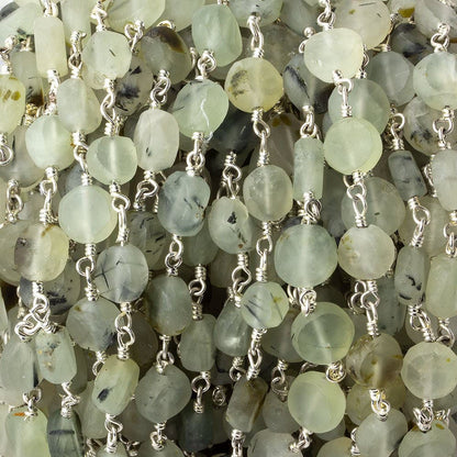 6-7mm Matte Dendritic Prehnite plain coin Silver plated Chain by the foot