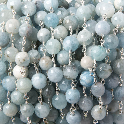 6-7mm Milky Aquamarine faceted round Silver plated Chain by the foot 25 pcs