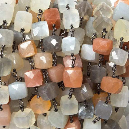 6-8mm MultiColor Moonstone cube Black Gold plated Silver Chain by the foot