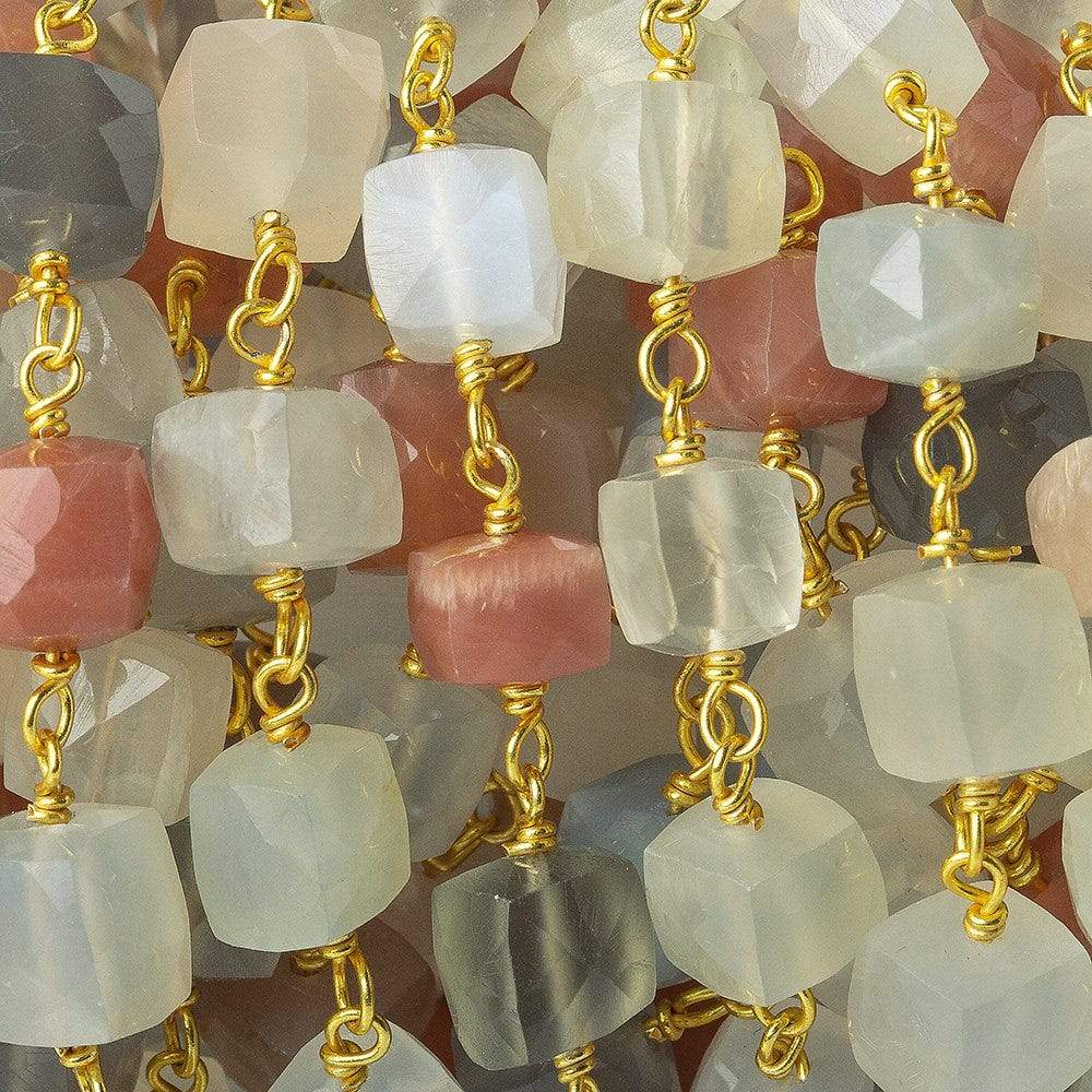 6-8mm MultiColor Moonstone faceted cube Vermeil Chain by the foot