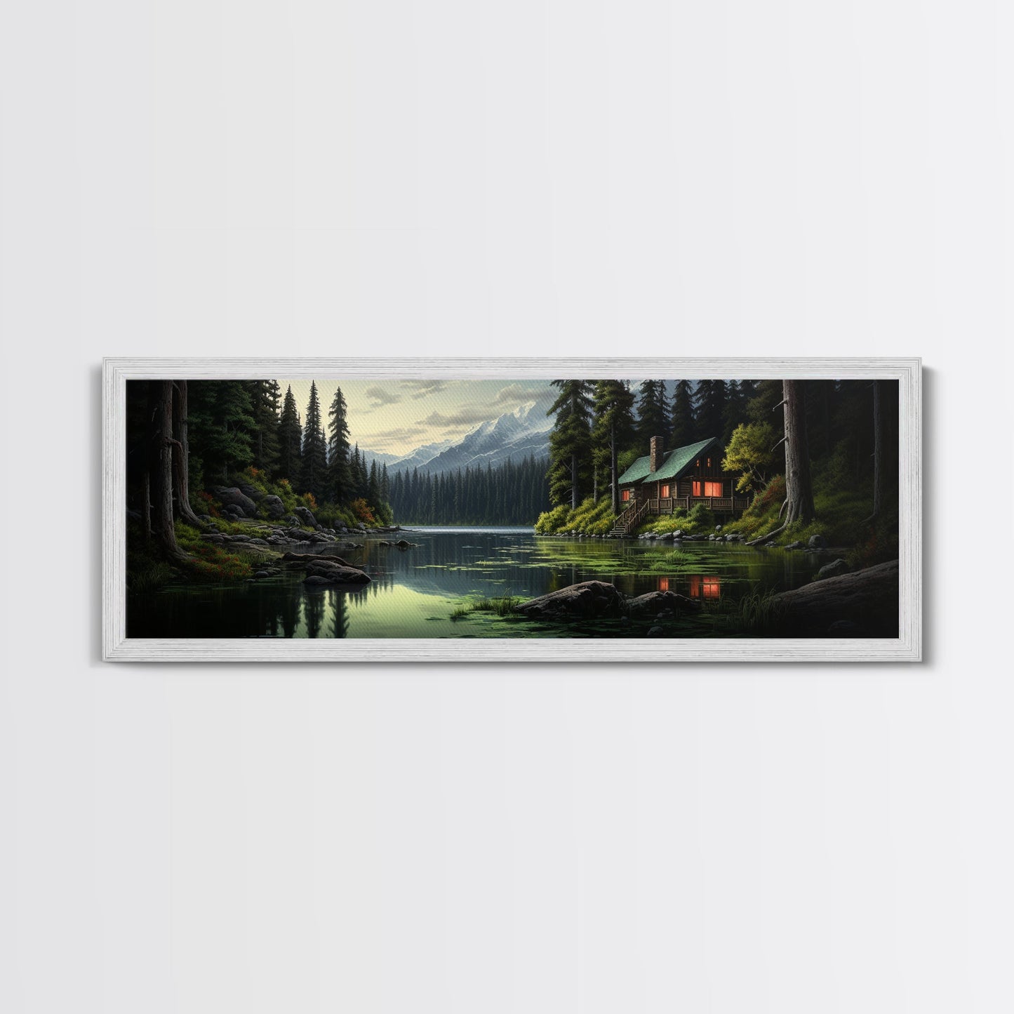 Cozy Cabin on The Lake, Framed Canvas Print, Farmhouse Decor, Landscape Painting, Unique Wall Art