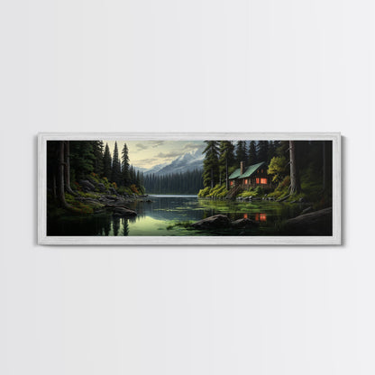 Cozy Cabin on The Lake, Framed Canvas Print, Farmhouse Decor, Landscape Painting, Unique Wall Art