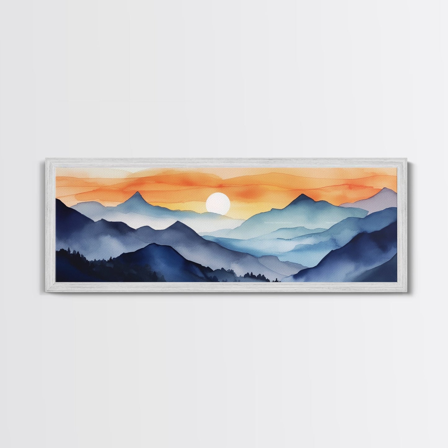 Midcentury Modern Watercolor Painting of a Mountain Sunset, Large Canvas Print, Mountain Artwork, Guest Room Art, Mountain Print