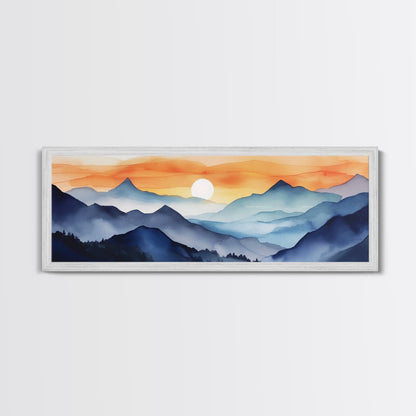 Midcentury Modern Watercolor Painting of a Mountain Sunset, Large Canvas Print, Mountain Artwork, Guest Room Art, Mountain Print