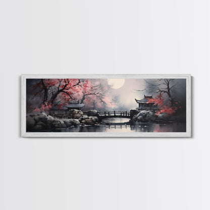 Japanese Hashi Bridge in The Spring, Framed Canvas Print, Japanese Maple Trees Along A Stream, Asian Inspired Artwork
