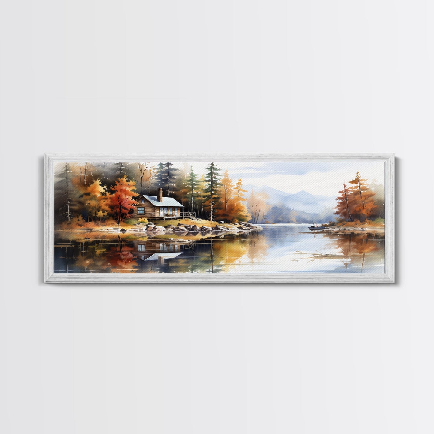 Rustic Lake Cabin at Dusk Watercolor Painting | Peaceful Wilderness Landscape Canvas Print | Modern Country Decor and Nature Lovers