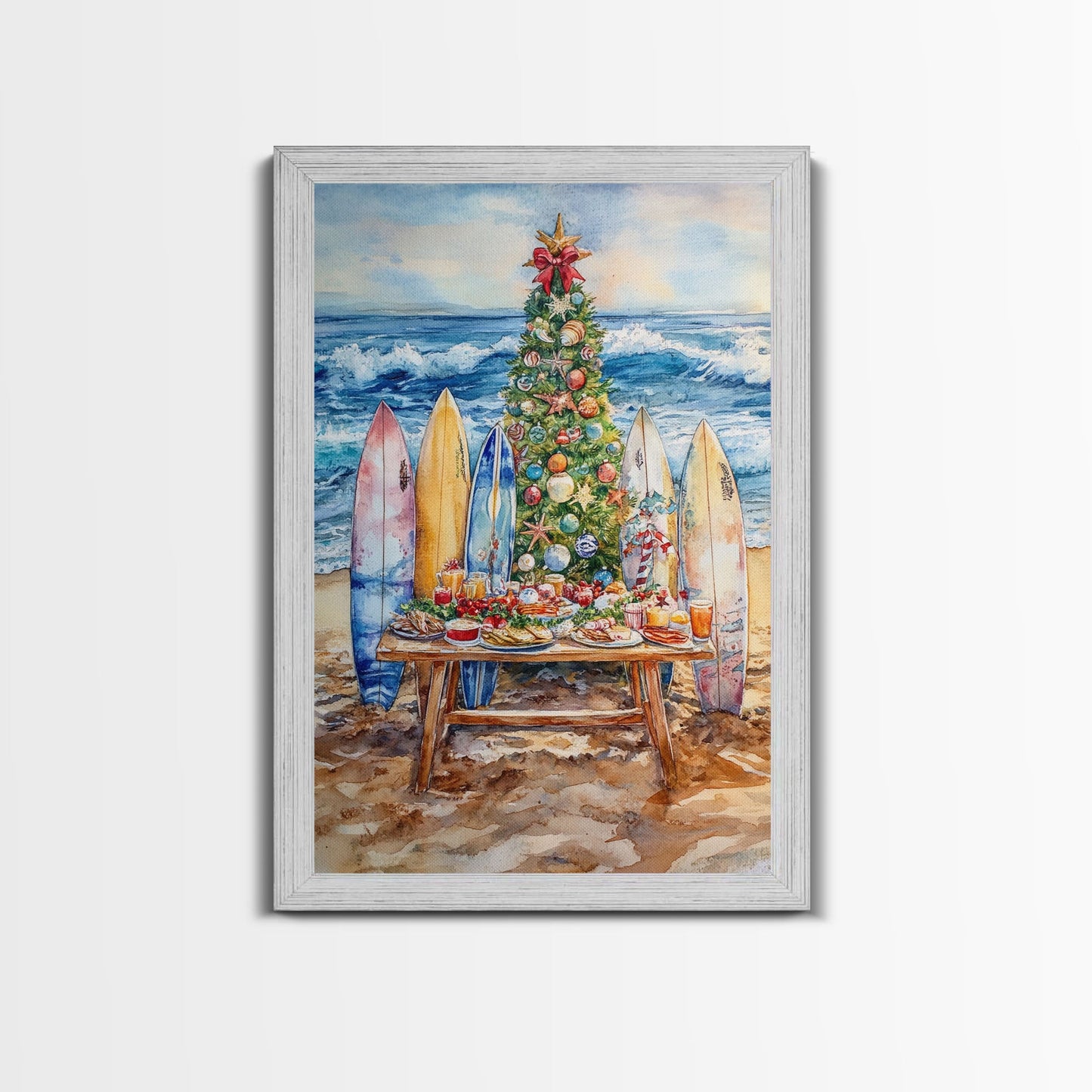 Christmas tree with surfboards on the beach, Framed Canvas Print tropical holiday wall art perfect beach Christmas decor holiday gift idea
