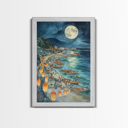 Japanese Paper Lamps Framed Canvas Print, Isamu Noguchi Akari Latern Festival, Christmas Decor