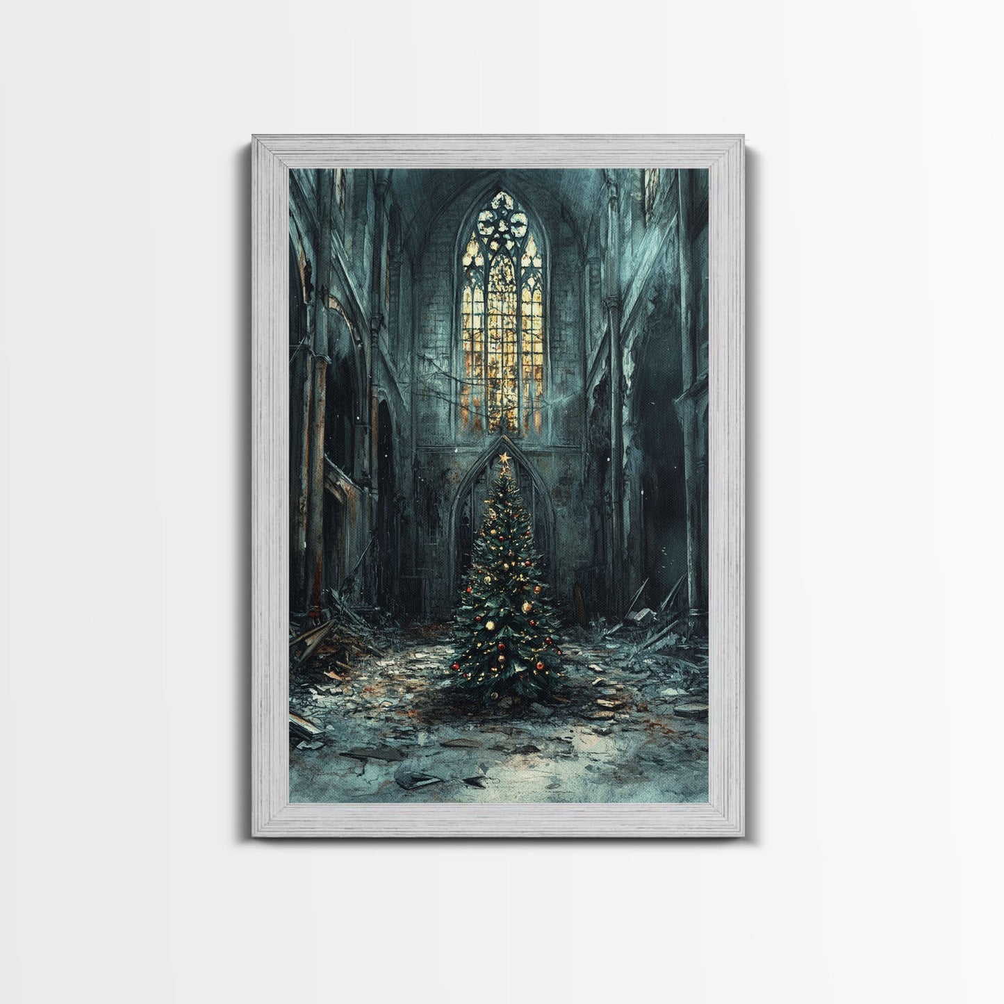 Moody Landscape Gothic Cathedral Christmas Tree Framed Canvas Print Christian Christmas Art Gift Rustic Holiday Wall Art Home Decor