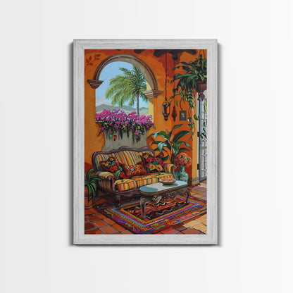 Mediterranean Courtyard Lounge Framed Canvas Print Spanish Style Home Decor Best Gift Bright Seasonal Art Above Sofa Wall Art