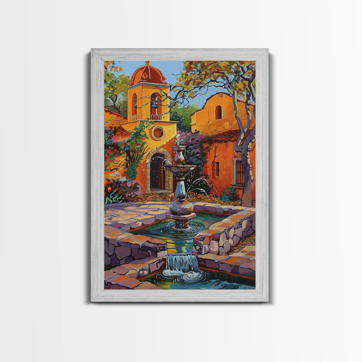 Mexican Style Framed Canvas Print Tall Art Vibrant Outdoor Fountain Scene With Colorful Architecture
