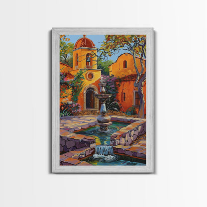 Mexican Style Framed Canvas Print Tall Art Vibrant Outdoor Fountain Scene With Colorful Architecture