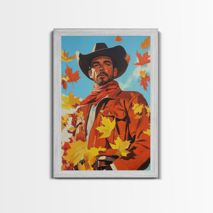 Autumn Cowboy Holiday Decor Framed Canvas Print with Leaves, Colorful Seasonal Wall Art Gift Idea 2024