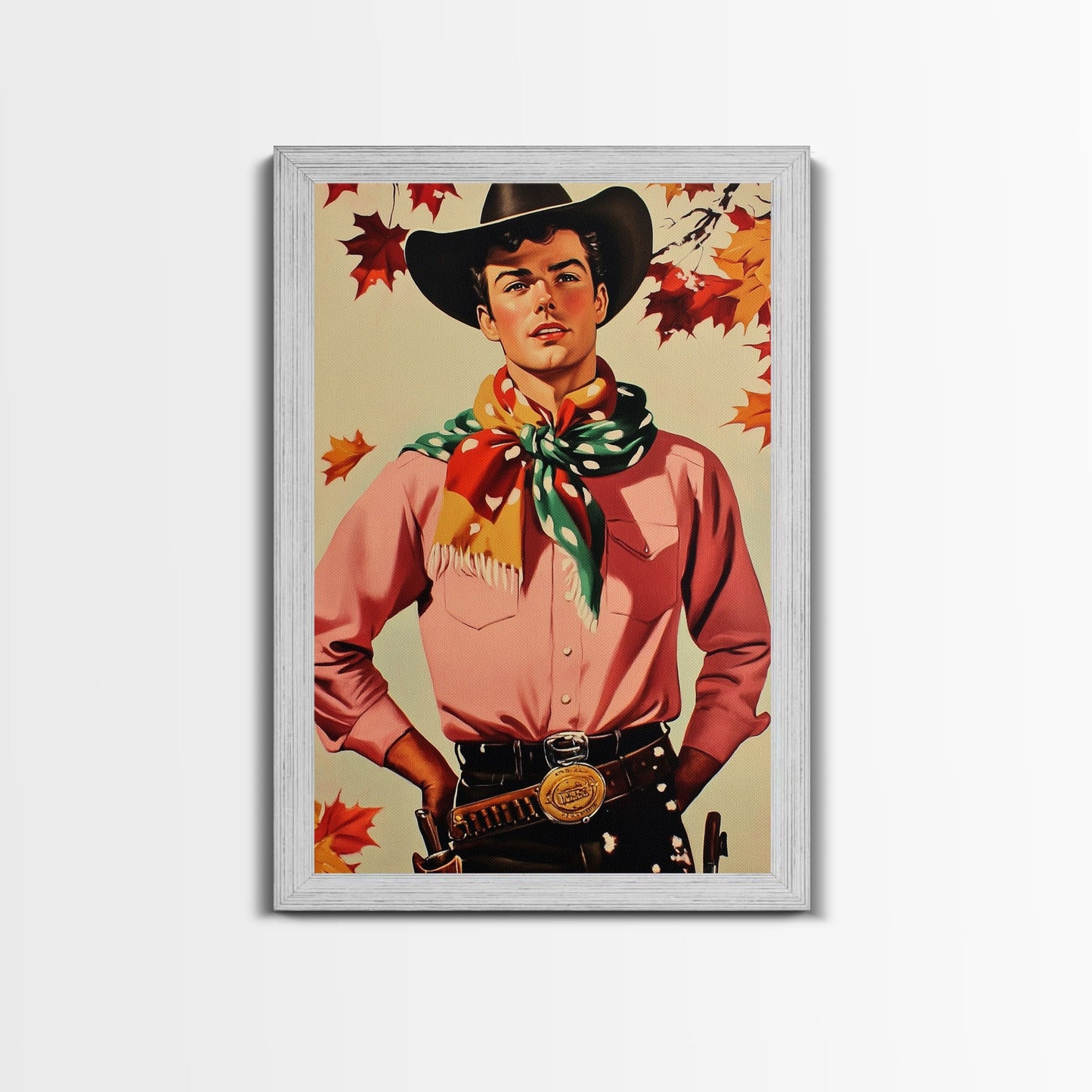 Cowboy Christmas Wall Art Canvas Print with Autumn Leaves, Seasonal Holiday Decor and Gift Idea 2024