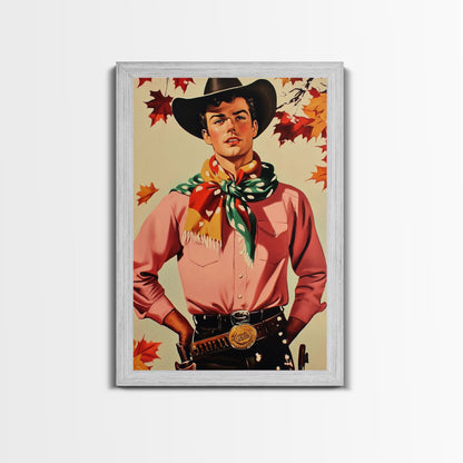 Cowboy Christmas Wall Art Canvas Print with Autumn Leaves, Seasonal Holiday Decor and Gift Idea 2024