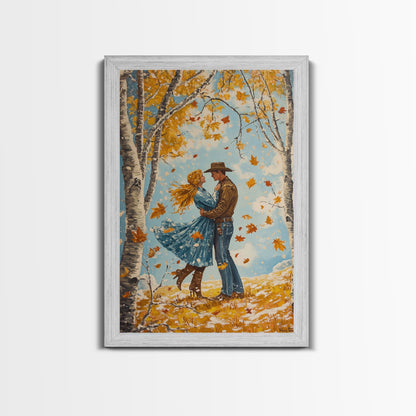 Romantic Fall Couple Framed Canvas Print - 2024 Autumn Love Country Cowboy Art Gift Idea for Fall Home Decor