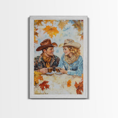 Cowboy and Cowgirl Fall Scene Framed Canvas Print - 2024 Rustic Autumn Love Country Art Gift Idea Fall Wall Decor